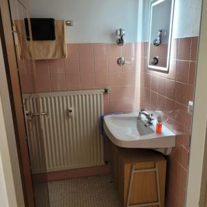 a bathroom with a sink and a mirror at Ferienwohnung mit Bergblick in Oberammergau