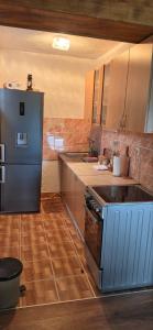 a kitchen with a blue refrigerator and a wooden floor at Vikendica Sara in Šipovo