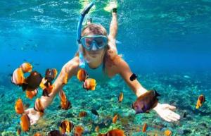 a woman swimming in the water with fish at Maye WOOD APT in Uvita
