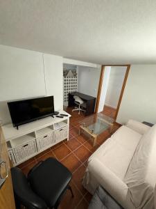a living room with a couch and a flat screen tv at Casa cidade e piscina in Coimbra