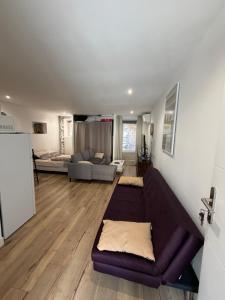 a living room with a brown couch and a living room at Studio centre village in Bocognano