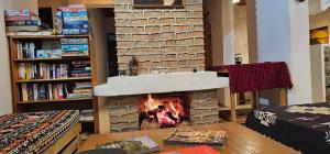 a fireplace in a living room with a brick wall at Hidden Valley Backpackers in Iringa