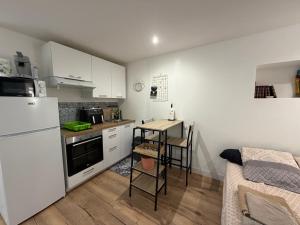 a kitchen with a white refrigerator and a table with chairs at Studio centre village in Bocognano