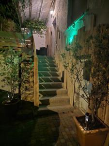 a hallway with stairs with plants and lights at Green House in Haibach
