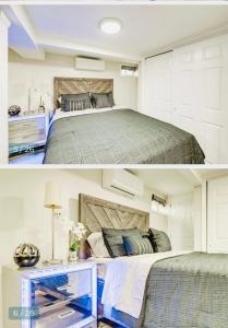 two pictures of a bedroom with a bed at Elmont Escape Studio in Elmont