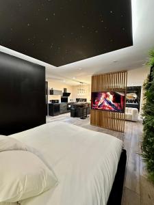 a bedroom with a large bed with a flat screen tv at La Suite Aimée - Espace relaxant avec balnéo in Angoulême