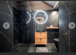 a bathroom with a sink and a mirror at Apartamenty Terminal Charzykowy in Charzykowy