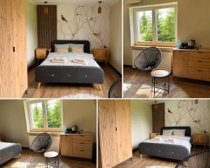 two pictures of a bedroom with a bed and a table at Pełnia Mazur in Pasym