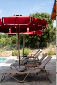 a row of lounge chairs with umbrellas next to a pool at Τilevoides Nisi Villas in Spartokhórion