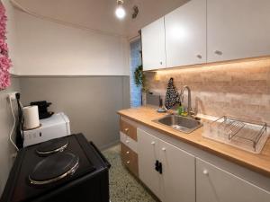 a kitchen with a sink and a refrigerator at Karma Seaside Apartment in Perea