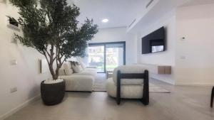 a living room with a couch and a potted tree at סוויטות אקווה איירפורט בוטיק & גרדן - By SEAELO in Eilat