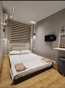 a bedroom with a large bed and a flat screen tv at Buhara 93 House - Sultanahmet in Istanbul