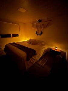 a bedroom with a bed in a dark room at Quinta La llama violeta in Campana