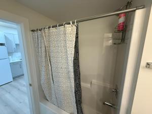 a shower with a shower curtain in a bathroom at 2 Bedrooms Private EntRance wifi Free Parking in Prince George