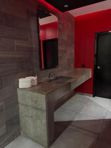 a bathroom with a sink and a red wall at Motel Boutique Xpress in Ensenada