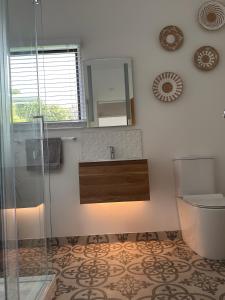 a bathroom with a sink and a toilet and a mirror at Koru Havenz in Picton