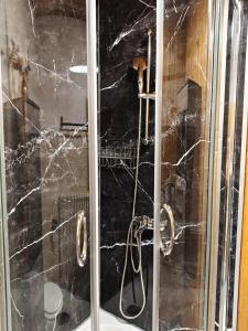 a bathroom with a shower with black marble at DIVA Studio in St. Blasien +8 photos