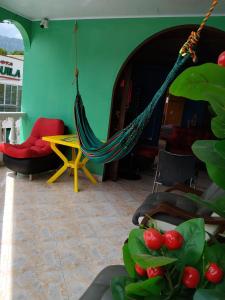 a hammock in a room with a green wall at Hospedaje Mundial in Villeta