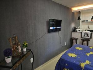 a room with a bed and a tv on the wall at Suite aconchegante e Charmosa - centro de Teresópolis in Teresópolis