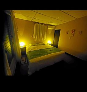 a bedroom with a bed with a green blanket at Bluehaven Austin House in La Paz