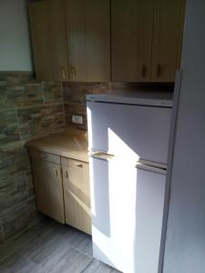 a kitchen with a white refrigerator and wooden cabinets at Appartamento Scirocco in Marina di Campo +6 photos