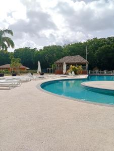a large swimming pool with chairs and a gazebo at L'oasis, appartement proche plage privée in Grand-Bourg