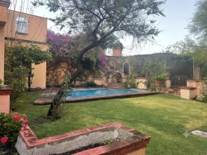 a backyard with a swimming pool and a tree at Casa Cantera in Tequisquiapan