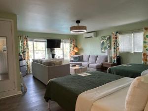 a living room with a bed and a couch at The Green Iguana Hotel in Charlotte Amalie