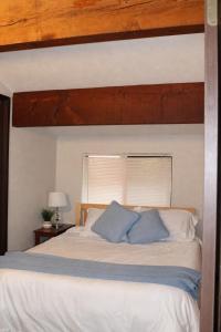 a bedroom with a bed with two blue pillows at Tall Timber in Packwood