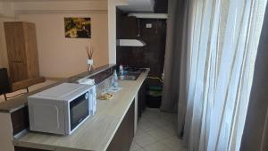 a kitchen with a microwave on a counter with a sink at Maritimo Apartment in Constanţa