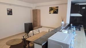 a kitchen with a counter with a refrigerator and a table at Maritimo Apartment in Constanţa