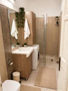 a bathroom with a sink and a washing machine at Mid Ultra Central Apartments, Self Check In in Oradea