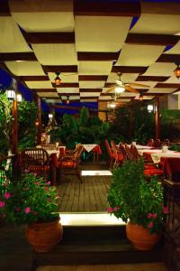 カラソスにあるKalathos Sun Hotelの鉢植えの植物が並ぶレストラン