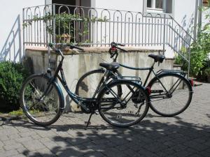 zwei Fahrräder, die nebeneinander auf einer Straße geparkt sind in der Unterkunft Historisches Ferienhaus Abteistraße in Mesenich