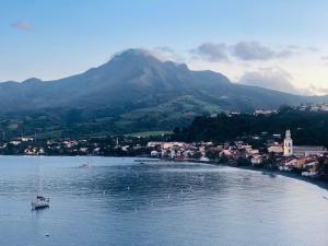 a boat in a body of water with a mountain at Domaine Maud-Le Néoma-confort ! 50m plage in Saint-Pierre