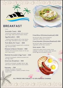 a menu for breakfast with eggs and sausage at Balangan Surf Resort in Jimbaran