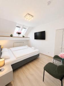 a bedroom with a bed and a tv and a couch at Einzelzimmer am Rheim Nierstein in Nierstein