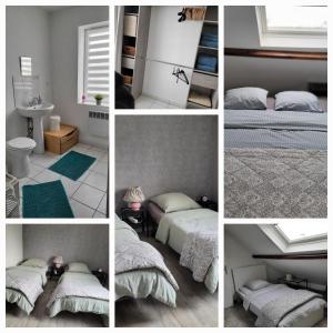 a collage of photos of a bedroom with beds and a sink at maison de madame De souter in Sequedin