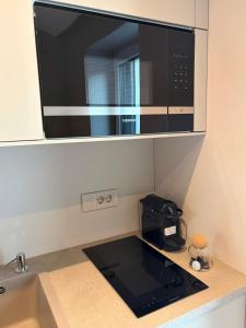 a kitchen counter with a microwave above a sink at Vista on the sea in Ankaran +21 photos