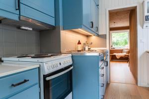 a blue kitchen with a stove and a sink at Reineblikk in Moskenes +46 photos