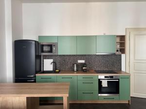 a kitchen with green cabinets and a black refrigerator at Perlová Suites in Pilsen