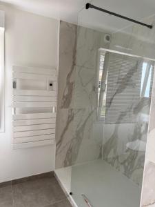 a bathroom with a shower with a glass door at Kerloulou in Poullan-sur-Mer