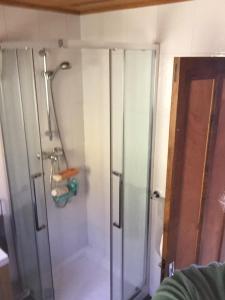 a bathroom with a shower and a glass door at Comfortable Chalet with spectacular mountain views in Verchaix +35 photos