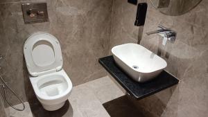 a bathroom with a toilet and a sink at Hotel Radian INN in Gorakhpur +6 photos