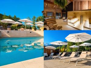 a collage of photos of a pool with chairs and umbrellas at Hôtel et Spa Le Vermont in Le Grand-Bornand