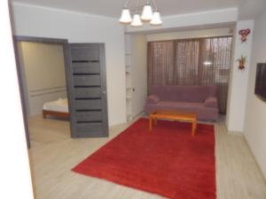 a living room with a couch and a red rug at Mircea cel Batrin apartament in Chişinău