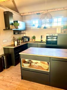 a large kitchen with a counter top with a counter top at Gude Zeit Ferienhaus in Mörsdorf
