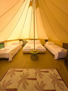 a tent with two beds and a table in it at Wild Cretan West in Drakiana