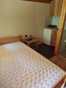 a small bedroom with a bed and a small kitchen at Air Zaovine in Bajina Bašta