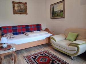 a living room with a couch and a chair at Talblick & Ruhe in Hirschhorn Langenthal in Hirschhorn